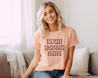 Bella canvas 3001 Heather Peach mockup, Bella canvas 3001 mockup tshirt, Bella canvas shirt, mockup shirt, shirt mockup, vrouwen shirt mockup