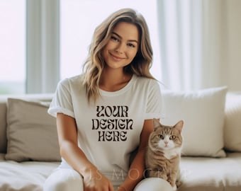 Cat Mom Mockup, White Bella Canvas 3001 Mockup, Cat Tshirt Mockup, Model Mockup, Lifestyle Mockup, Bella Canvas White Shirt, Mockup Tshirt