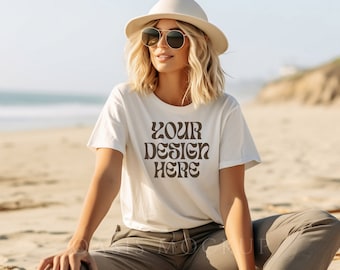 Beach Bella Canvas 3001 Mockup, Bella Canvas White Shirt Mockup, White Tshirt Mockup, Boho Mockup, Summer Shirt Mockup, Beach Shirt Mock