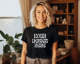 Bella Canvas Black Shirt Mockup, Bella Canvas 3001 Mockup, Black Shirt Mockup, Model Mockup, Boho Mockup, Mockup T-shirt, Shirt Mockup