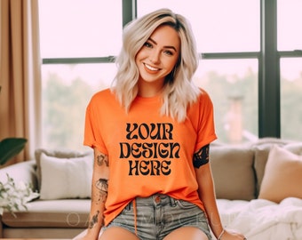 Orange Bella Canvas 3001 Mockup, Orange Shirt Mockup, Bella Canvas 3001 Shirt, Fall Shirt Mockup, Fall Mockup, Halloween TShirt Mockup