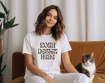Mockup de camiseta Cat Mom, Comfort Colors C1717 White T-shirt Mockup, Cat Shirt Mockup, Model Mockup, Lifestyle Mockup, Mockup T-shirt, Mockup