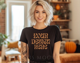 Black Bella Canvas 3001 Tshirt Mockup, Bella Canvas Shirt, Black Shirt Mockup, Fall Mockup, Halloween Mockup, Model Mockup, Tshirt Mockup