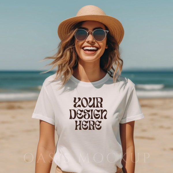 White Bella Canvas 3001 Mockup, Tshirt Mockup, White Shirt Mockup, Lifestyle Mockup, Summer Shirt Mockup, Summer Beach Mockup, Mockup Tshirt