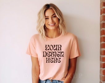 Bella Canvas 3001 Mockup Heather Peach, Lifestyle Peach Mock up 3001, Bella Canvas Shirt, Mockup Tshirt, Shirt Mockup, Vrouwen Tshirt Mockup