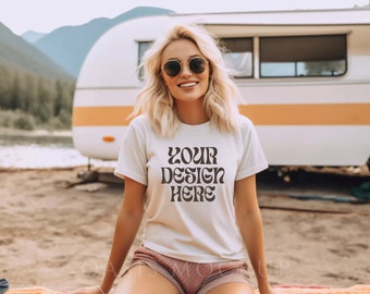 Bella Canvas 3001 Mockup White, Bella Canvas Mockup, White Tshirt Mockup, Lifestyle Mockup, Camping Shirt Mockup, Summer Boho Mockup, Mockup