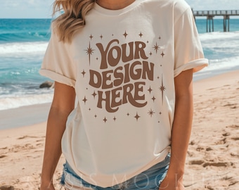 Maqueta de Bella Canvas 3001 para playa, maqueta de camisa Bella Canvas natural, camisa Bella Canvas 3001, maqueta de camisa de verano, maqueta de camisa de playa, maqueta