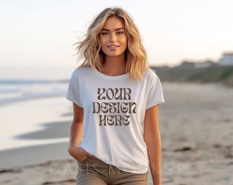 Beach Bella Canvas 3001 Mockup, Bella Canvas White Shirt Mockup, White Shirt Mockup, Lifestyle Mockup, Summer Shirt Mockup, Beach Shirt Mock