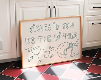 Kisses If You Do The Dishes Print, Hand Drawn Print, Horizontal Art Print, Trendy Kitchen Art, Above The Sink Poster, Typography Print