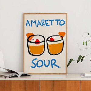 Impresión de Amaretto Sour, póster de cóctel, impresión de cocina dibujada a mano, arte mural para carrito de bar, póster de bebida retro, impresión de alcohol, arte mural imprimible