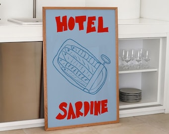 Hotel Sardine Poster, Kitchen Wall Art, Retro Food Art, Sardines Tin Print, Mid Century Print, Fish Market Print, Tinned Fish Print, Digital
