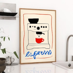Hand Drawn Print, Retro Drink Art, Mid Century Print, Modern Kitchen Art, Line Drawing, Printable Art, Digital Download, Espresso Print, café decor, gift for coffee lover, barista present, coffee station art, espresso poster, Retro Coffee Print
