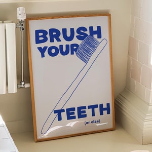 Putzen Sie Ihre Zähne Druck, süßes Badezimmer Druck, Handgezeichneter Druck, Typografie Plakat, Mid Century Druck, minimalistische Wandkunst, trendiger blauer Druck