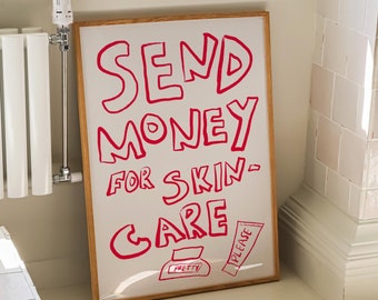 Impresión "Envía dinero para el cuidado de la piel", impresión de baño bonita, póster tipográfico, impresión rosa de moda, arte mural estético, boceto dibujado a mano, mediados de siglo
