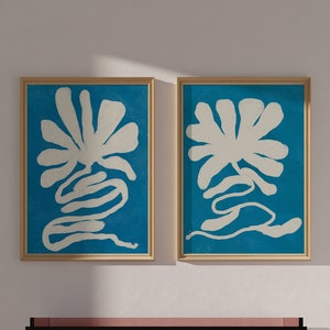 Set of Two Botanical Flower Prints, Blue Wall Art, Digital Download, Abstract Botanical Poster, Modern Floral Illustration, Organic Shape image 1