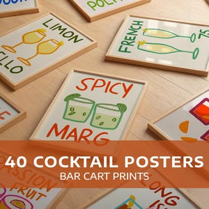 Juego de 40 láminas de cócteles, arte moderno para carritos de bar, juego de 40 pósteres para pared de galería, arte mural de cócteles dibujado a mano, láminas para carritos de bar, láminas de bebidas alcohólicas