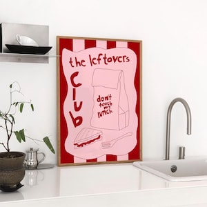 Leftovers Club Print, Food and Drink Print, Trendy Kitchen Wall Art, Trendy Pink Print, Lunch Poster, Retro Food Print, Hand Drawn Sketch