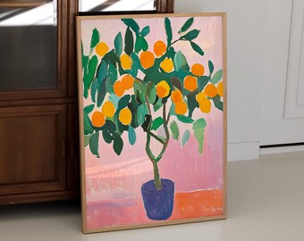 Stampa ad olio di un albero di arancio: arte murale botanica per la cucina (download digitale)