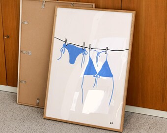 Blue Bikini On Clothesline Print, Trendy Beach Poster, Hand Drawn Print, Summer Wall Art, Bikini Art Print, Bathing Suit Poster, Coastal Art