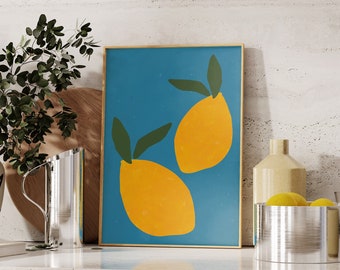 Lemon Wall Art, Kitchen Art Print, Summer Fruit Illustration, Still Life, Fruit Art Print, Lemon Wall Decor, Citrus Fruit Print, Printable