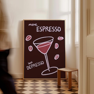 Meer espresso minder depressie poster, print espresso martini, retro drankje poster, halverwege de eeuw, alcohol print, moderne keukenkunst, barwagen kunst