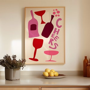 Cheers Print, Wine Glasses Cheers Poster, Hand Drawn Bar Cart Art, Cin Cin Print, Retro Wine Print, Vintage Drink Poster, Trendy Pink Print