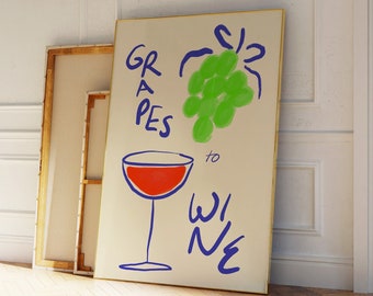 Grapes to Wine Print, Retro Wine Print, Grapes Poster, Bar Cart Decor Print, Hand Drawn Wine Poster, Modern Kitchen Print, Mid Century
