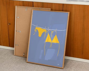 Yellow Bikini On Clothesline Print, Trendy Beach Poster, Hand Drawn Print, Summer Wall Art, Bikini Art Print, Bathing Suit Poster, Digital