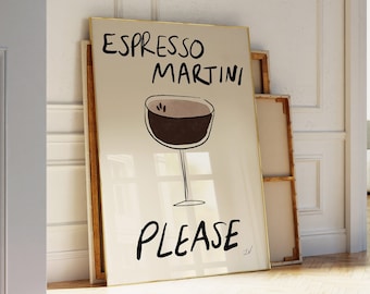 Espresso martini alsjeblieft afdrukken, retro drankje poster, vintage drankje print, halverwege de eeuw, barwagen kunst, martini cocktail poster, alcohol print
