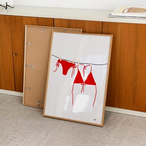 Red Bikini On Clothesline Print, Trendy Beach Poster, Hand Drawn Print, Summer Wall Art, Bikini Art Print, Bathing Suit Poster, Coastal Art