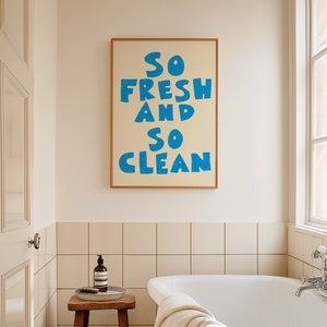 So Fresh and So Clean Print, Typography Print, Cute Bathroom Print, Trendy Blue Print, Hand Drawn Sketch, Mid Century, Trendy Toilet Print