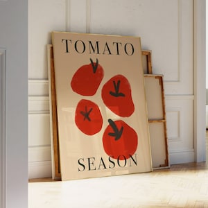 Plakat z sezonem pomidorowym, wydruk pomidorowy, nowoczesny plakat kuchenny, wydruk włoskiego jedzenia, wydruk retro jedzenia, środek wieku, wydruk rysowany ręcznie, cyfrowy