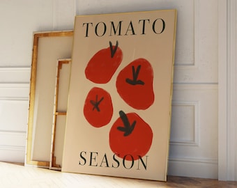 Tomato Season Poster, Tomato Print, Modern Kitchen Poster, Vegetable Poster, Food Illustration, Mid Century Print, Hand Drawn Print, Digital