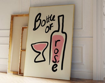 Bottle of Rose Wine Print, Cheers Print, Hand Drawn Wine Print, Vintage Drink Poster, Trendy Wall Art, Cocktail Bar Cart Print, Digital