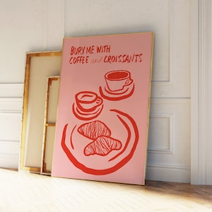 Coffee and Croissant Print, Retro Food Print, French Croissant Print, Brunch Poster, Breakfast Print, Coffee Poster, Croissant Wall Art