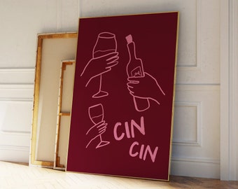 Cin Cin Print, Retro Wine Print, Cheers Poster, Hand Drawn Wine Print, Vintage Drink Poster, Mid Century Print, Bar Cart Decor, Pink and Red