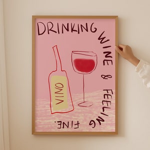 ワインを飲む気分の細字、ワインのイラスト、トレンディなバーカートの装飾、手描きのカクテルポスター、レトロなワインプリント、モダンなキッチンアート