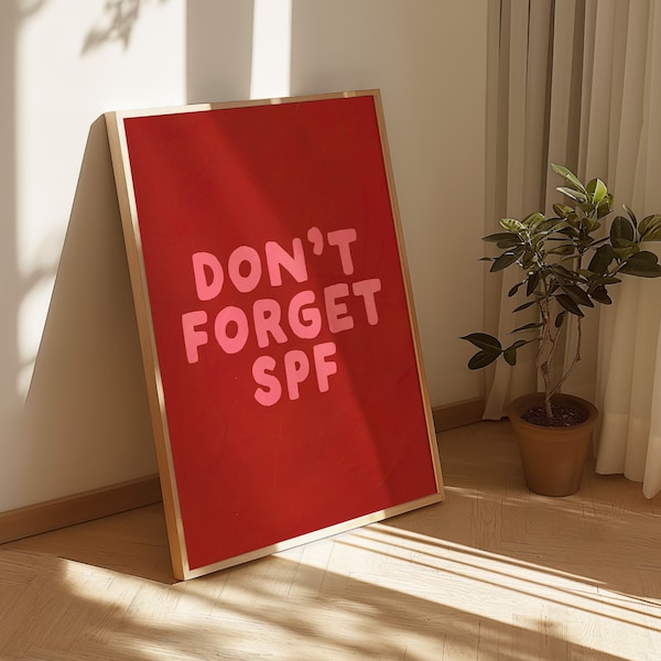 Don’t Forget Sunscreen Print, Typography Print, Cute Bathroom Print, Skincare SPF Print, Trendy Red Print, Aesthetic Wall Art, Mid Century