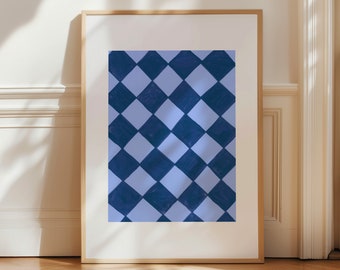 Blue Checkered Wall Art, Colorful Art Deco Modern Room Decor, Funky Geometric Poster, Contemporary Gallery Wall Art, Checkerboard Art Print