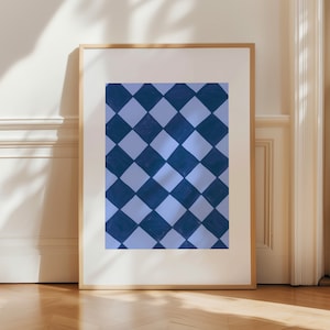 Blue Checkered Wall Art, Colorful Art Deco Modern Room Decor, Funky Geometric Poster, Contemporary Gallery Wall Art, Checkerboard Art Print