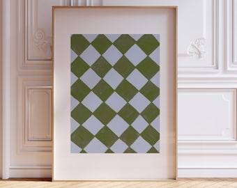 Green and Blue Retro Checkerboard Printable, Preppy Room Decor, Funky Art Deco Wall Art, Gallery Wall Poster, Modern Checkered Print, Nordic