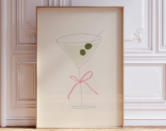 Martini Bow Art Print, Coquette Poster, Dirty Martini Poster, Retro Cocktail Poster, Trendy Bar Cart Art, Hand Drawn Print, Digital Download