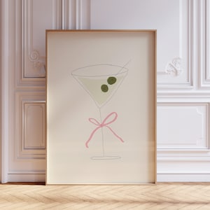 Martini Bow Art Print, Coquette Poster, Dirty Martini Poster, Retro Cocktail Poster, Trendy Bar Cart Art, Hand Drawn Print, Digital Download