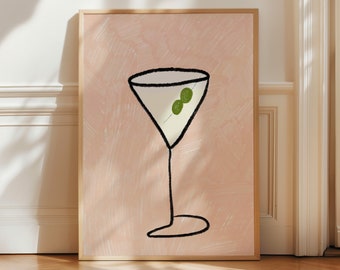 Dirty Martini Poster, Retro Cocktail Poster, Trendy Bar Cart Art, Hand Drawn Martini Print, Minimalist Prints, Illustrated Kitchen Poster