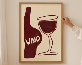 Vino Wall Art, Retro Wine Poster, Modern Kitchen Art, Mid Century Print, Wine Print, Vintage Drink Print, Hand Drawn Print, Red Wine Print