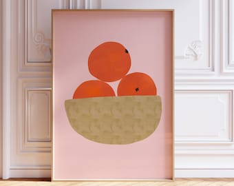 Oranges Wall Art Print, Citrus Poster Print, Retro Food Poster, Hand Drawn Illustration, Modern Kitchen Poster, Still Life Oranges Poster