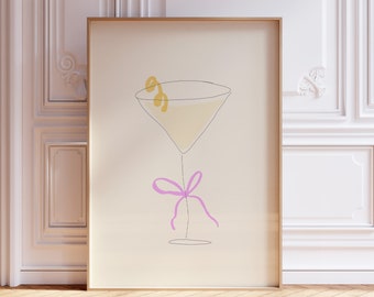 Martini Bow Art Print, Coquette Poster, Dry Martini Poster, Retro Cocktail Poster, Trendy Bar Cart Art, Hand Drawn Print, Digital Download