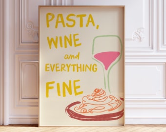 Hand Drawn Pasta and Wine Print, Spaghetti and Wine Italian Food Poster, Pasta Lovers Print, Pasta and Wine Club Print, Foodie Drawing