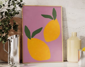 Yellow Lemons Poster, Fruit Poster, Purple Lemon Wall Art, Minimalist Poster, Kitchen Art Print, Still Life Illustration, Citrus Fruit Print