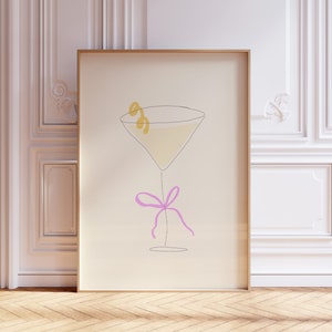 Martini Bow Art Print, Coquette Poster, Dry Martini Poster, Retro Cocktail Poster, Trendy Bar Cart Art, Hand getrokken print, digitale download